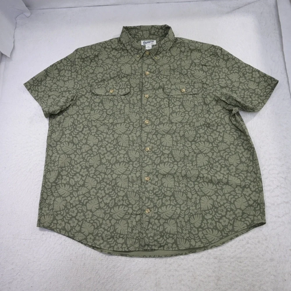 Duluth Trading Co Vented Fishing Shirt Mens 2XL Relaxed Fit Green Tropical Leaf